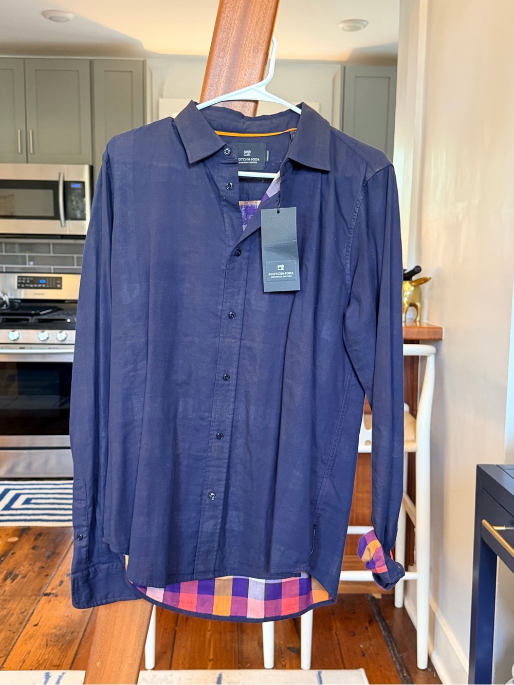 Scotch & Soda Men’s Navy Button-Up Shirt with Contrast Plaid Trim
